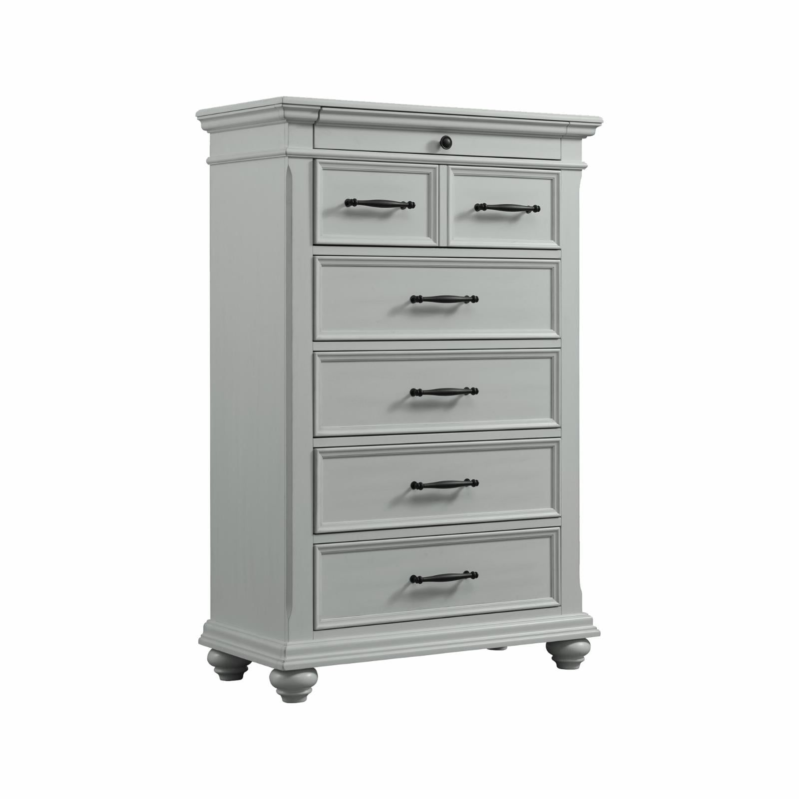 Elegant Gray 6-Drawer Wooden Chest with Bevel Edges and Bun Feet