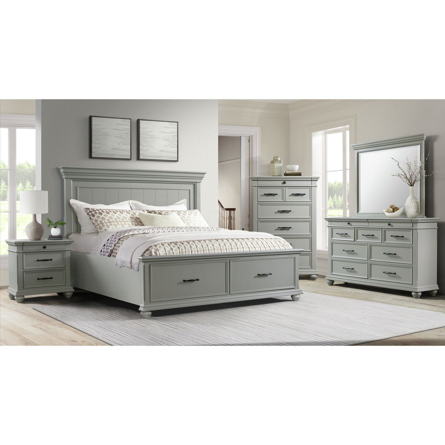 Traditional Gray 9-Drawer Dresser with Bevel Edges and Bun Feet