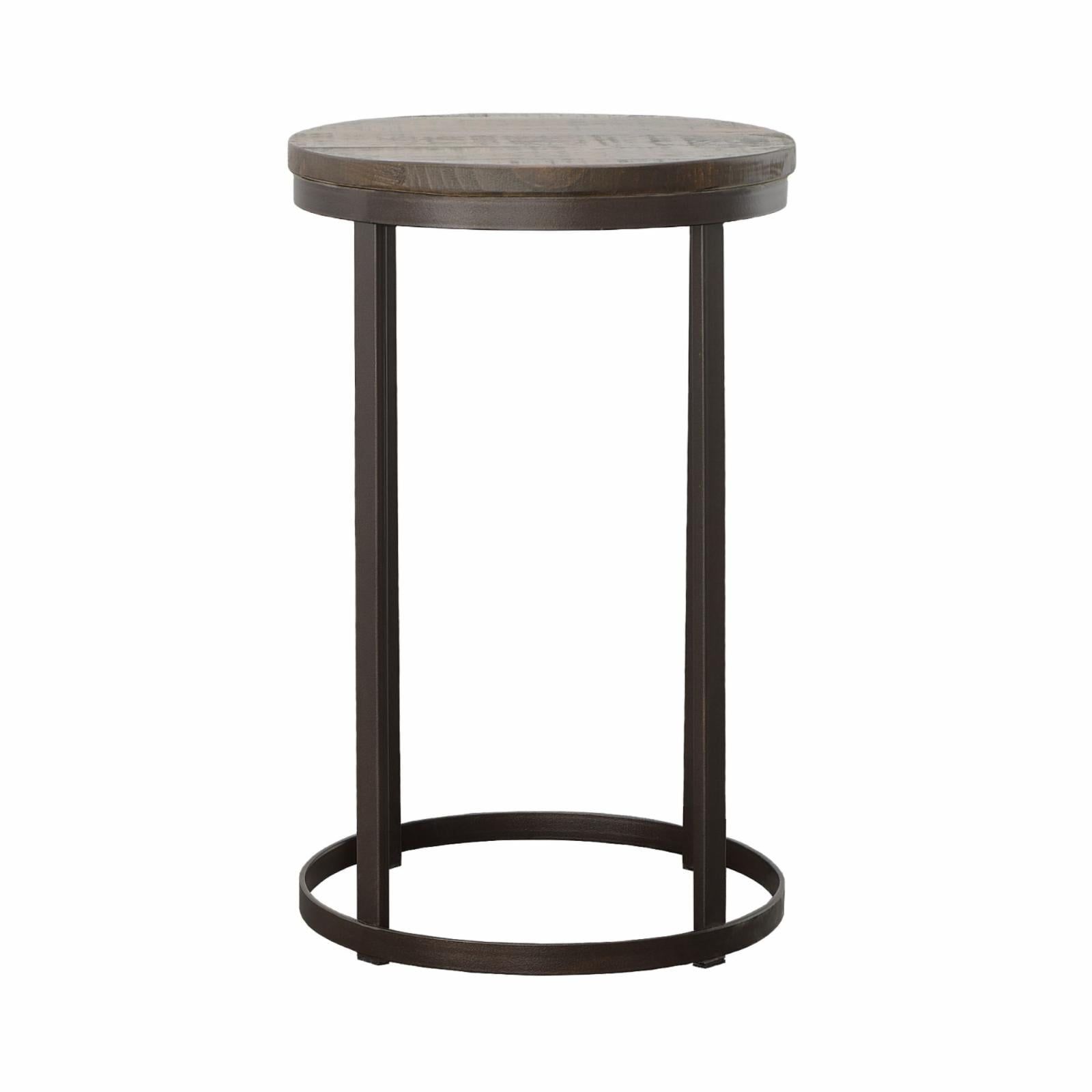 Industrial Round Black Metal and Wood End Table