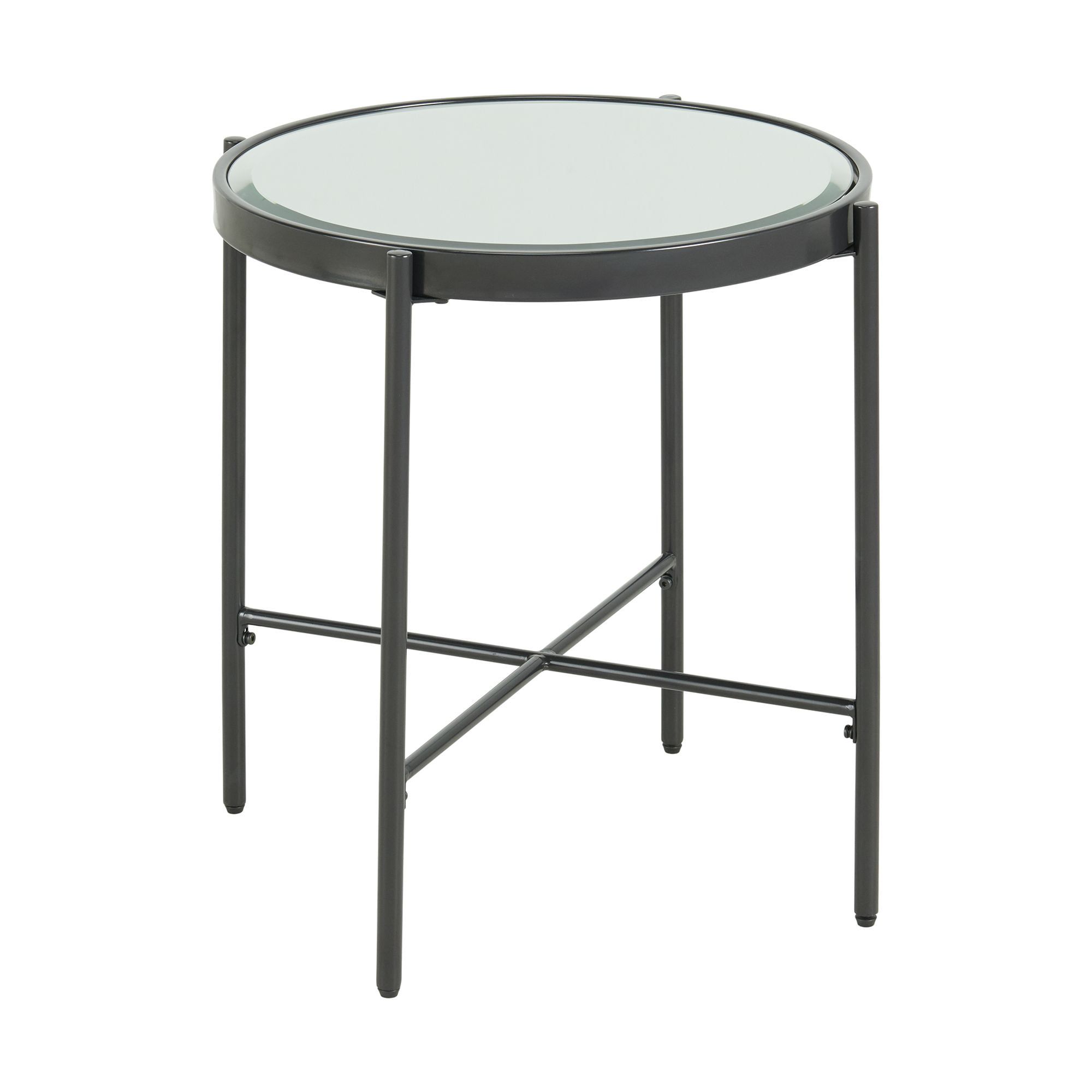 Transitional Round Mirrored End Table in Black Iron