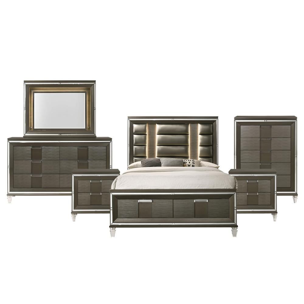 Charlotte King Dark Brown Faux Leather 6-Piece Bedroom Set