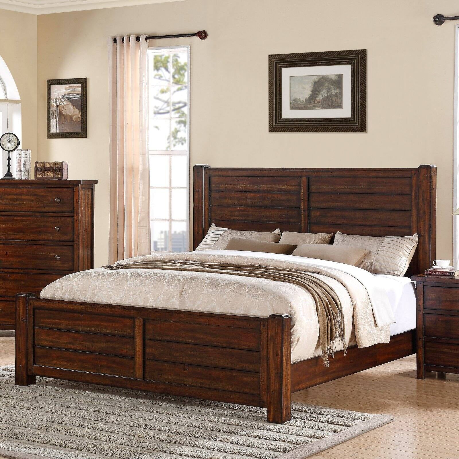 Rustic Brown King Wood Panel Bed with Headboard