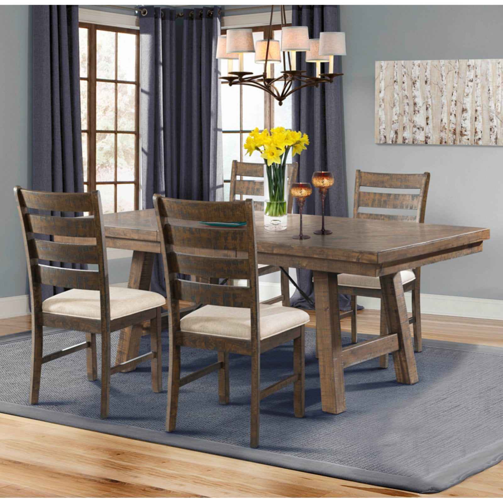 Rustic Walnut and Cream 5-Piece Dining Set with Ladder Back Chairs