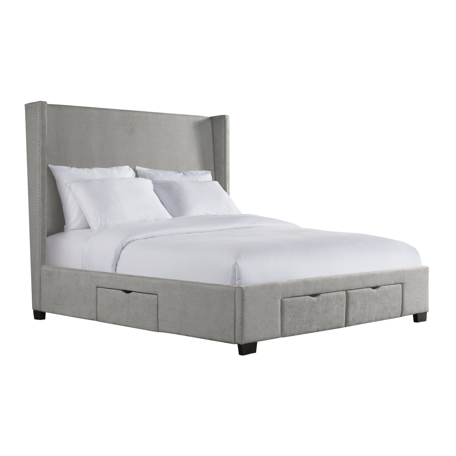 Transitional Gray Queen Upholstered Storage Bed with Nailhead Trim