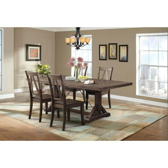 Flynn Rustic Chic Walnut Dining Set with Trestle Table & 4 Chairs
