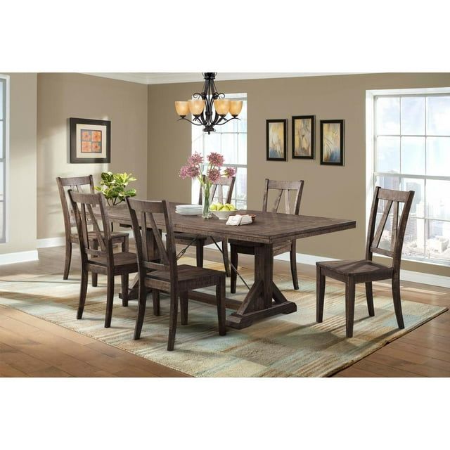 Flynn Walnut 7-Piece Dining Set with Dark Brown Wooden Chairs