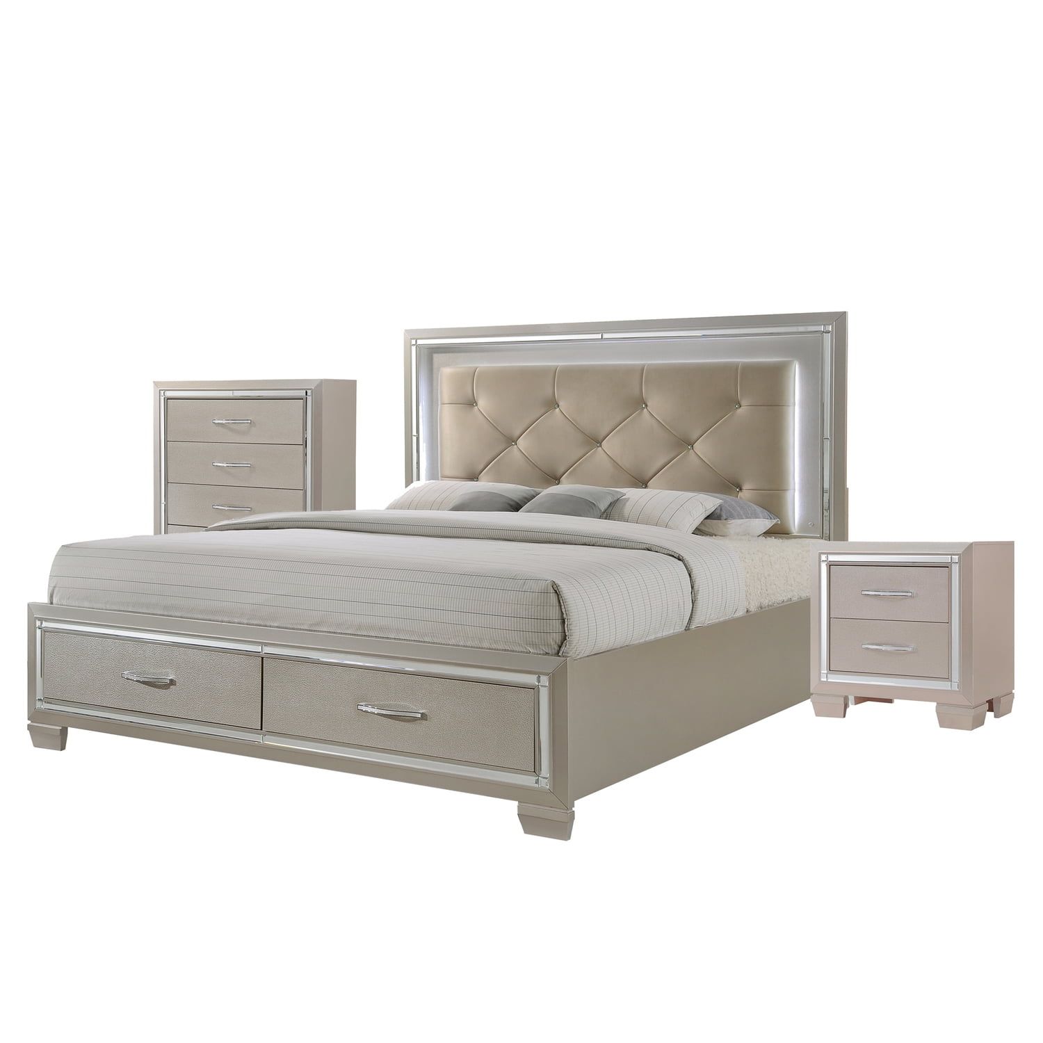 Beige King Faux Leather 3-Piece Bedroom Set with Storage