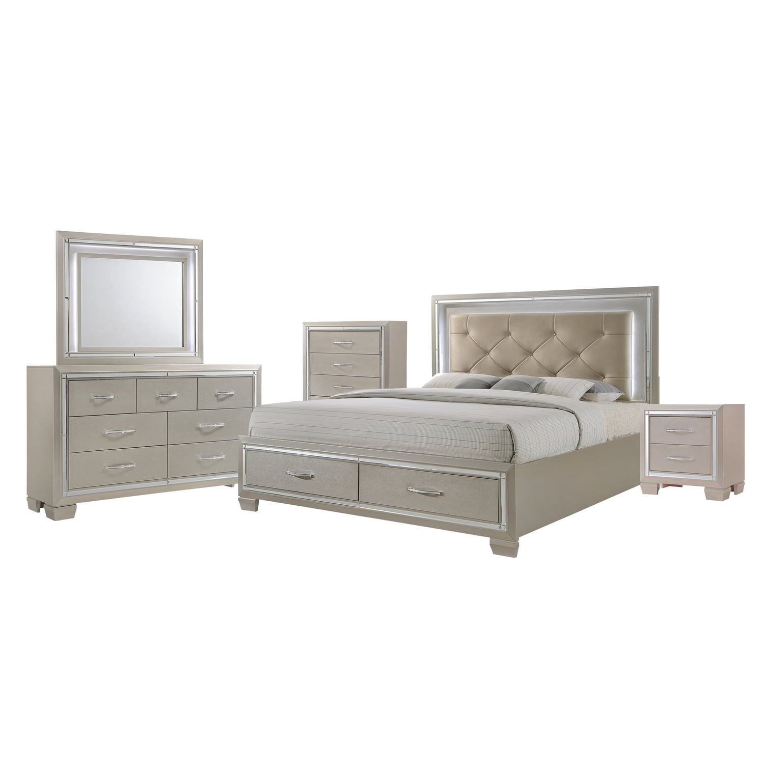 Beige Faux Leather Queen Bedroom Set with Mirror Trim