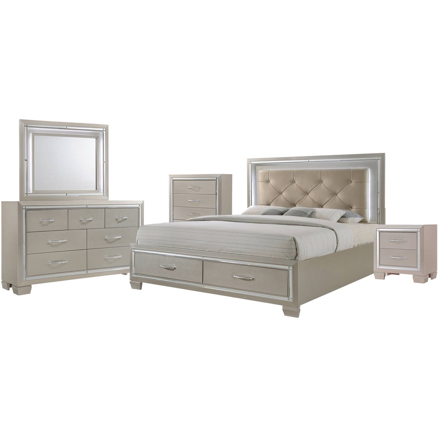 Champagne Beige King 5-Piece Storage Bedroom Set with Mirror Trim