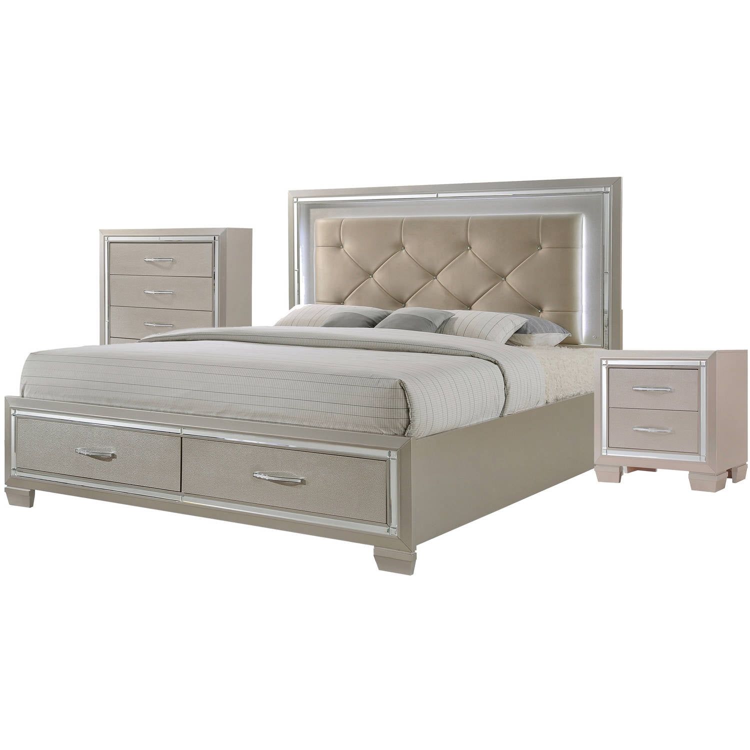 Champagne Queen Platform Storage Bedroom Set with Faux Leather Headboard