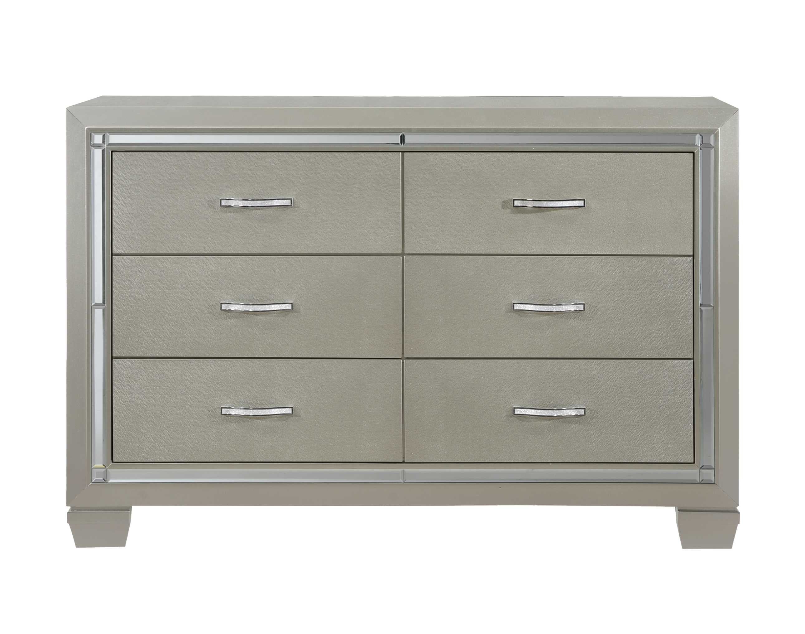 Glamorous Gray 7-Drawer Dresser with Chrome Handles and Mirror Accents