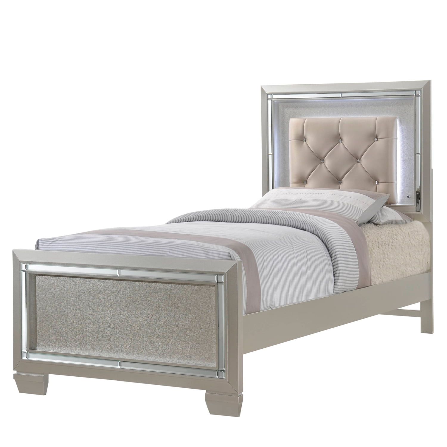 Glam Gray Twin Upholstered Platform Bed with Tufted Headboard