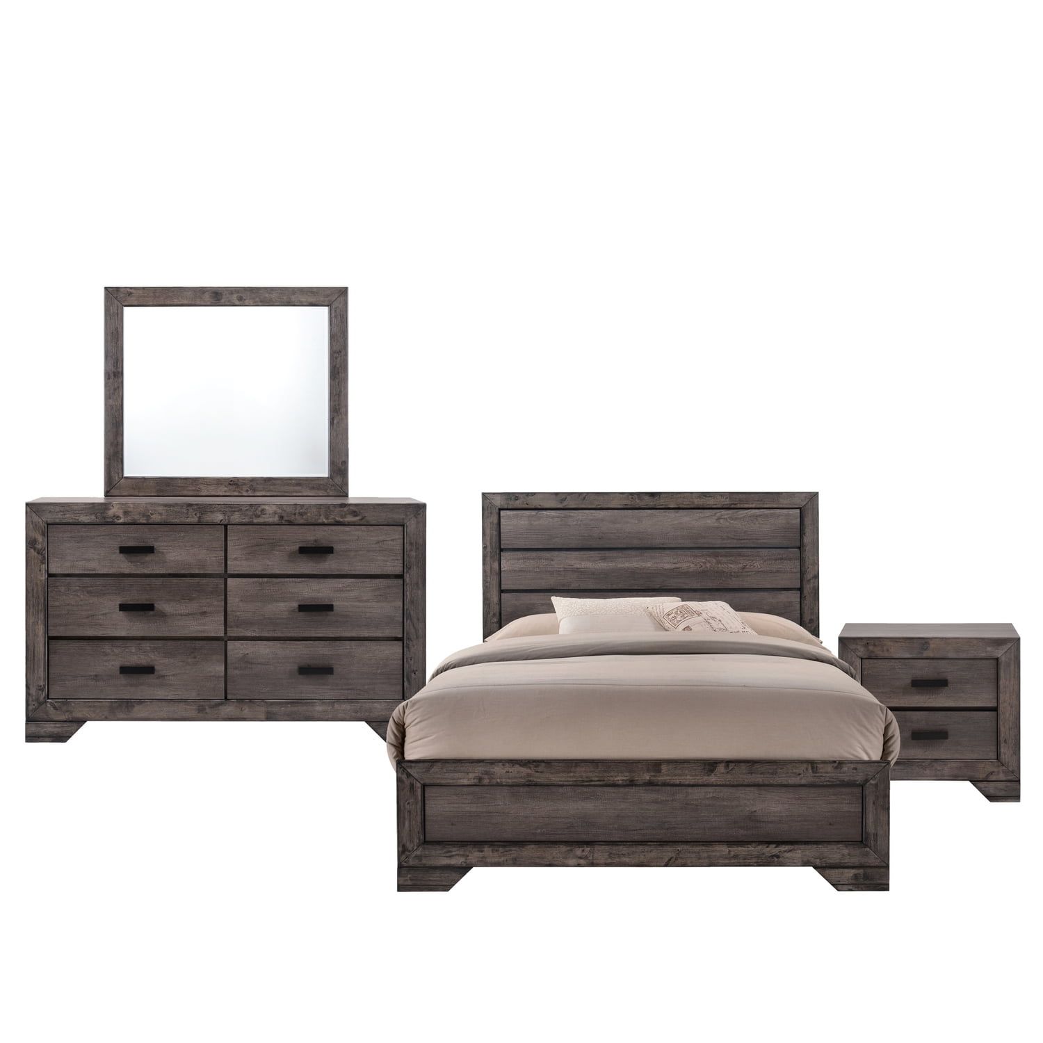 Grayson Rustic Medium Wood 4PC Queen Bedroom Set with Mirror