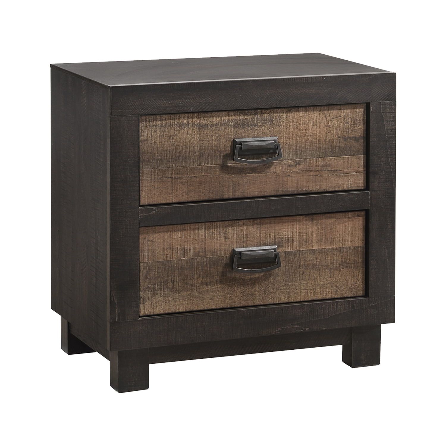 Rustic Walnut 2-Drawer Nightstand with Dark Nickel Pulls