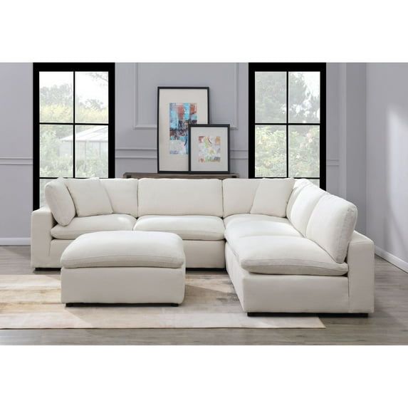 Haven Beige Linen 6PC Track Arm Sectional Sofa with Pillow Back