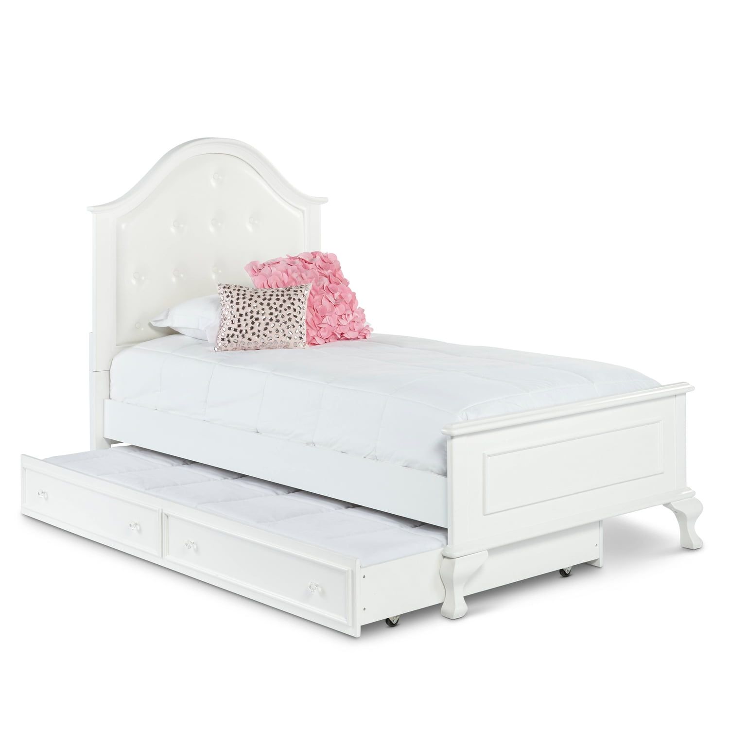 White Twin Upholstered Bed with Trundle and Pine Frame