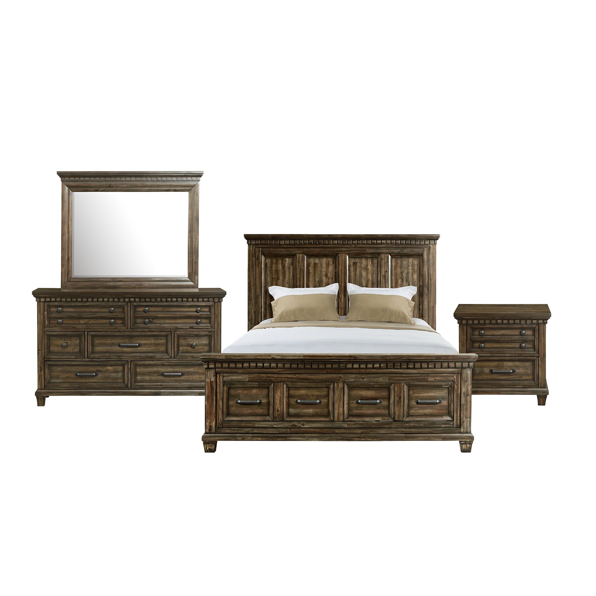 Johnny King Walnut Acacia 4PC Bedroom Set with Storage