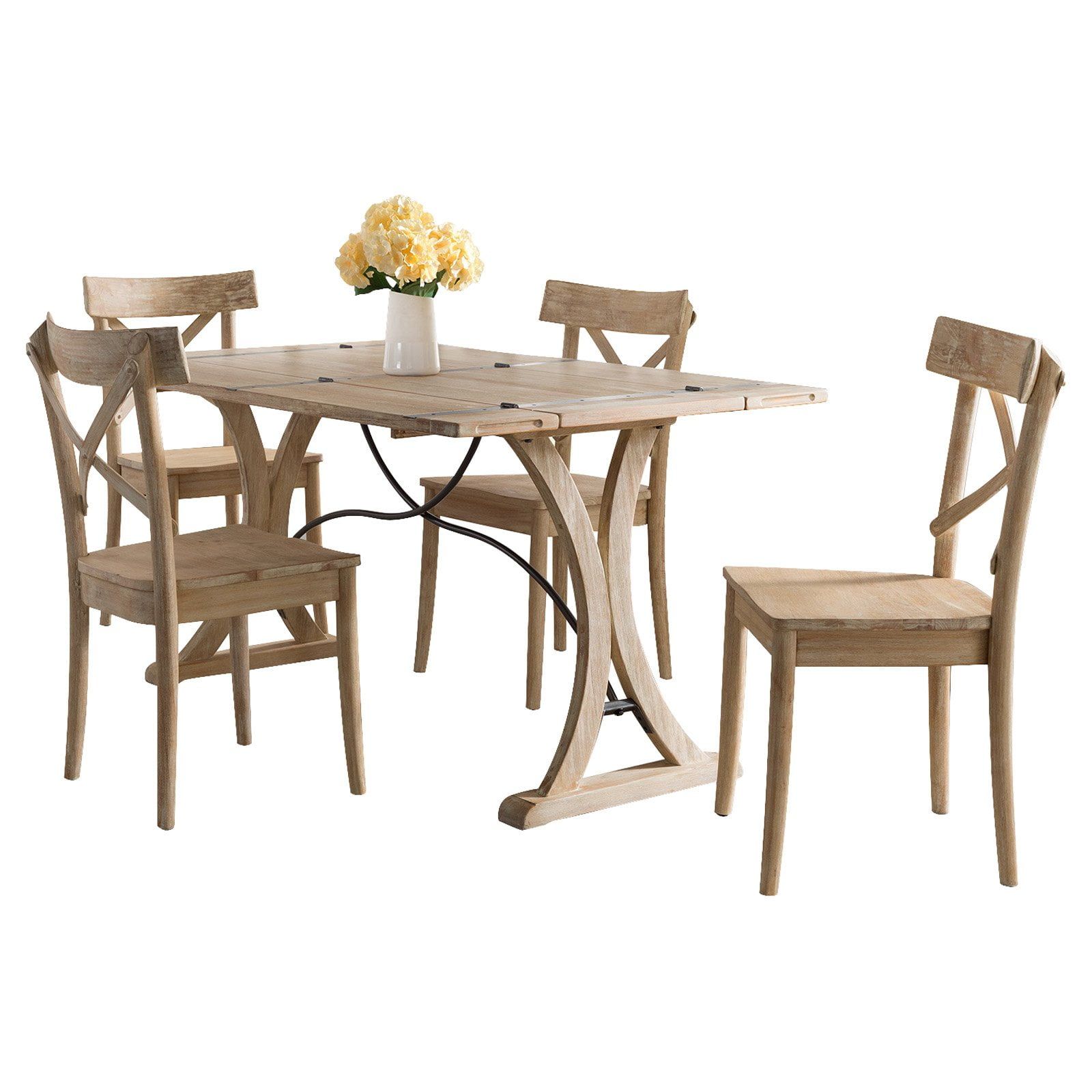 Keaton Natural Wood Folding Top Dining Set with 4 X-Back Chairs