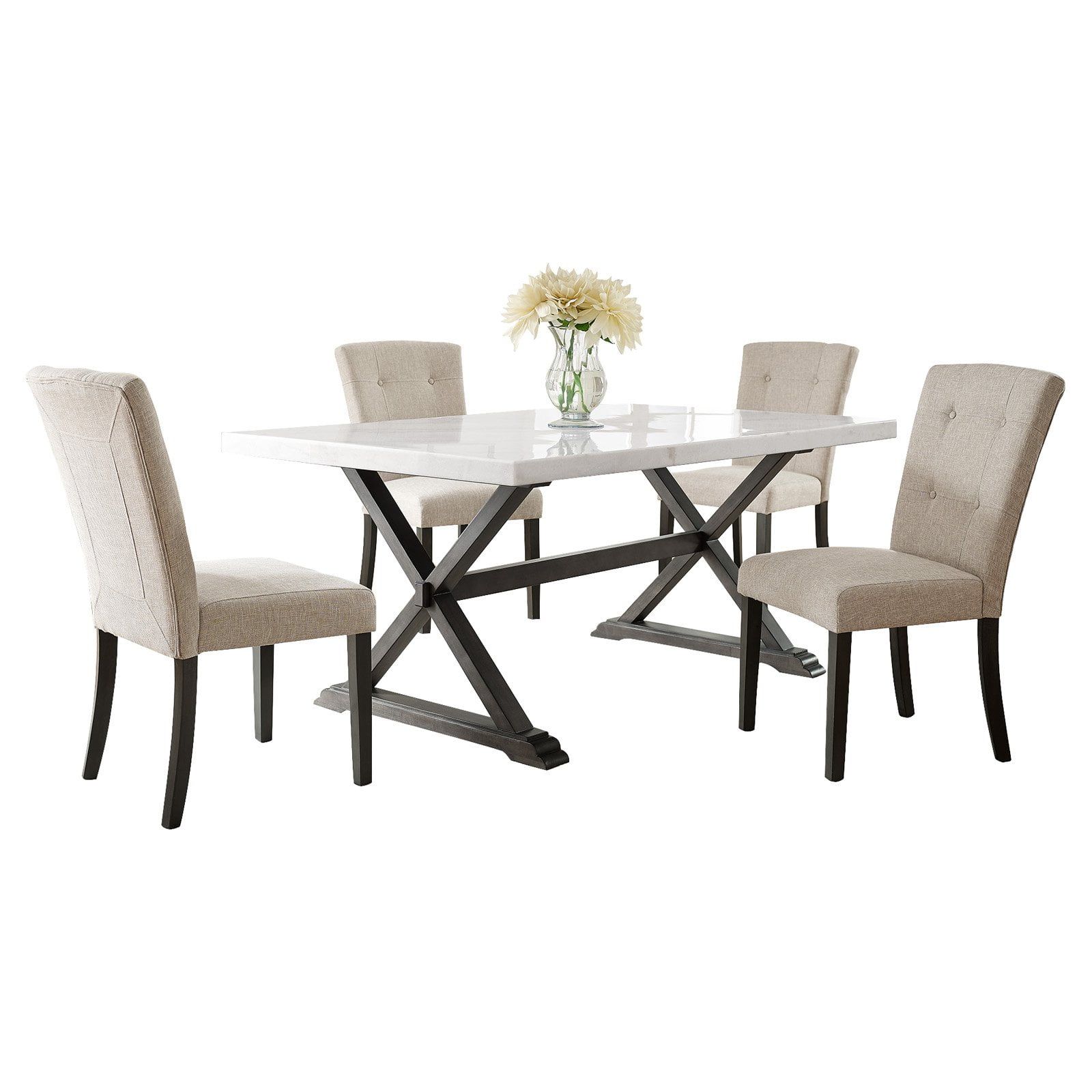 Landon 5-Piece White Marble Top Dining Set with Linen Chairs