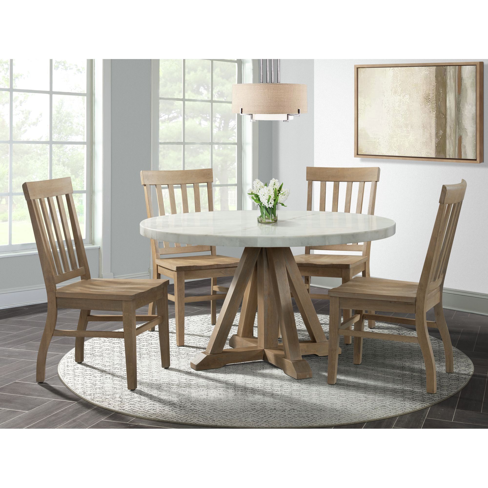 Liam Medium Natural Pine and Marble Round Dining Set with 4 Chairs