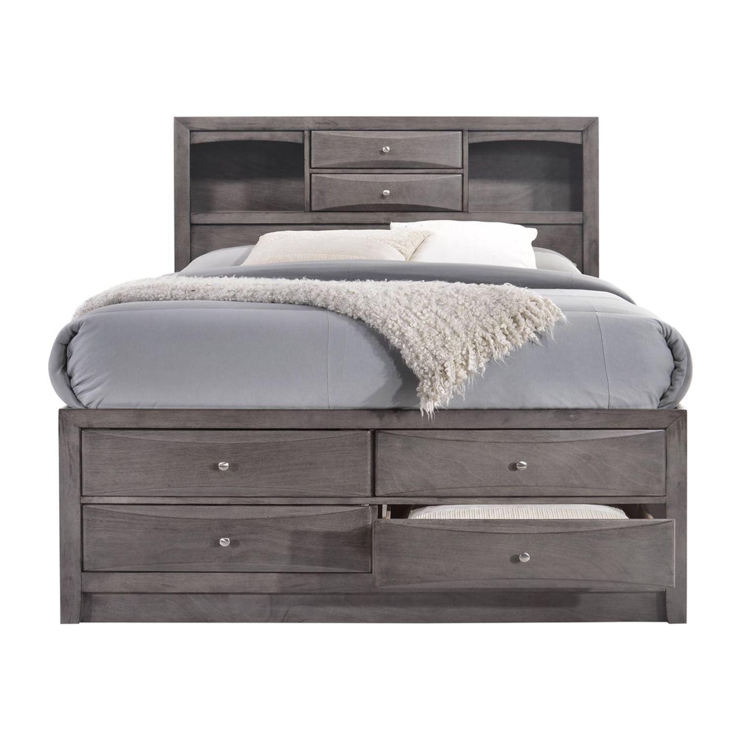 Madison Transitional Gray King Bookcase Bed with Storage Drawers