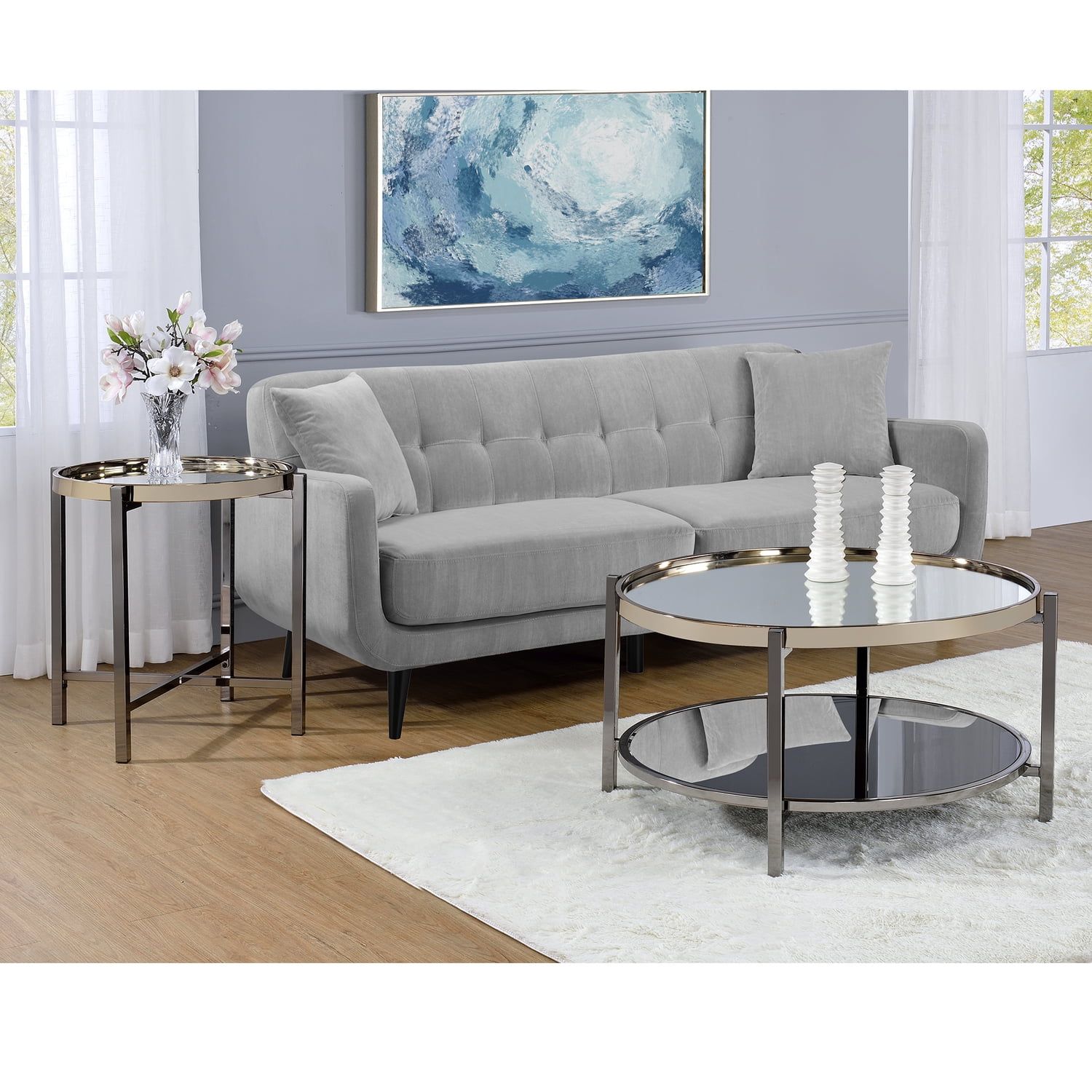 Monaco Gold Edged Mirrored Coffee & End Table Set with Metal Legs