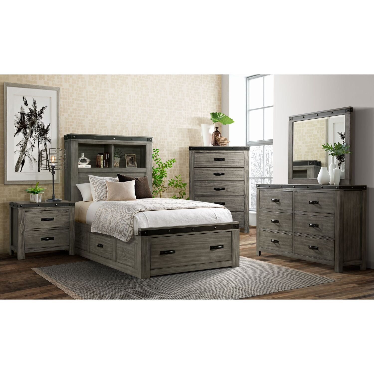 Gray Double Dresser with Mirror and Dovetail Drawers