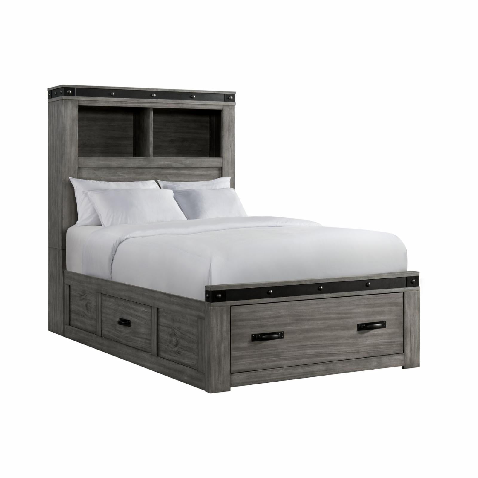 Gray Twin Metal Frame Platform Bed with Storage and Bookcase