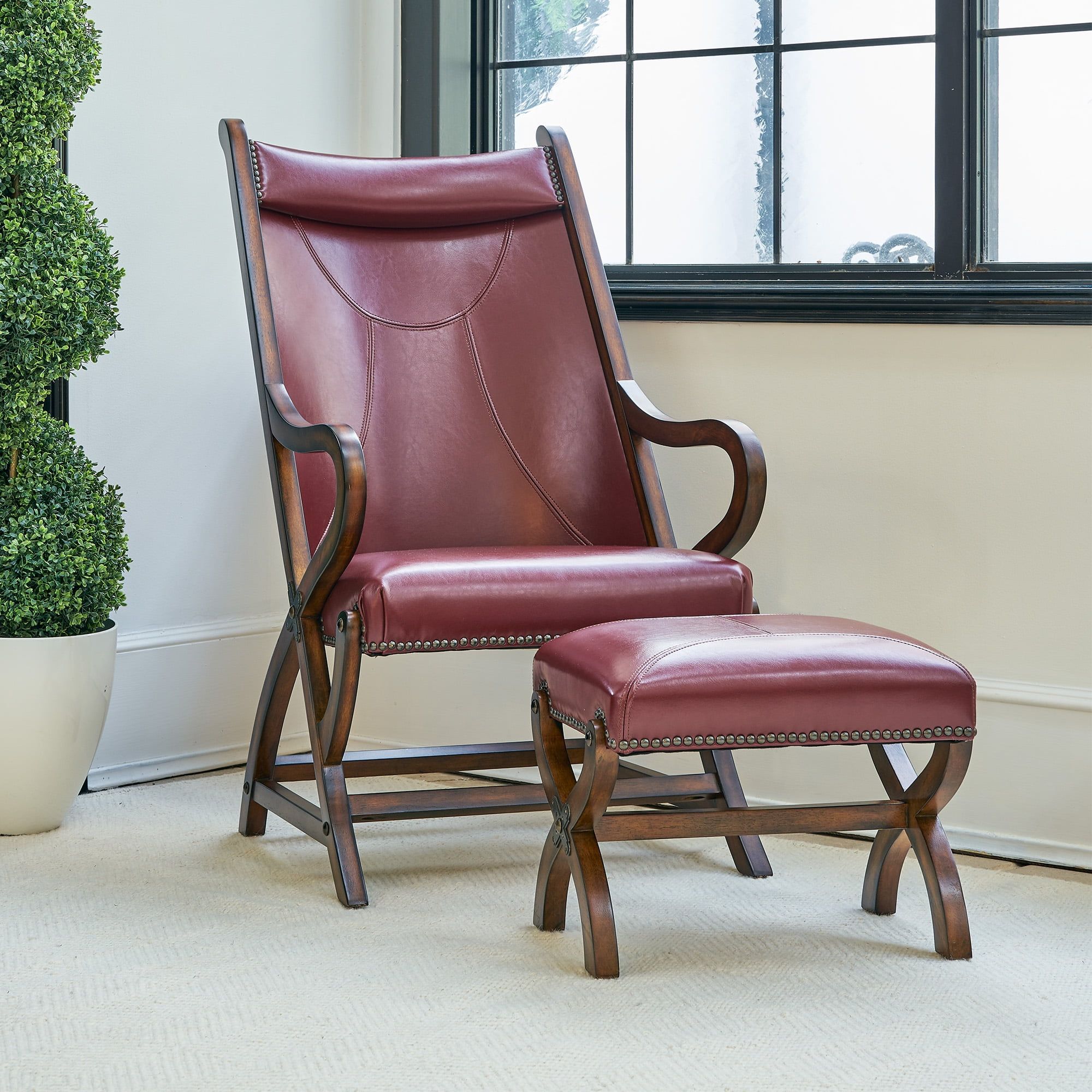 Cherry Red Transitional Leather Accent Chair with Ottoman