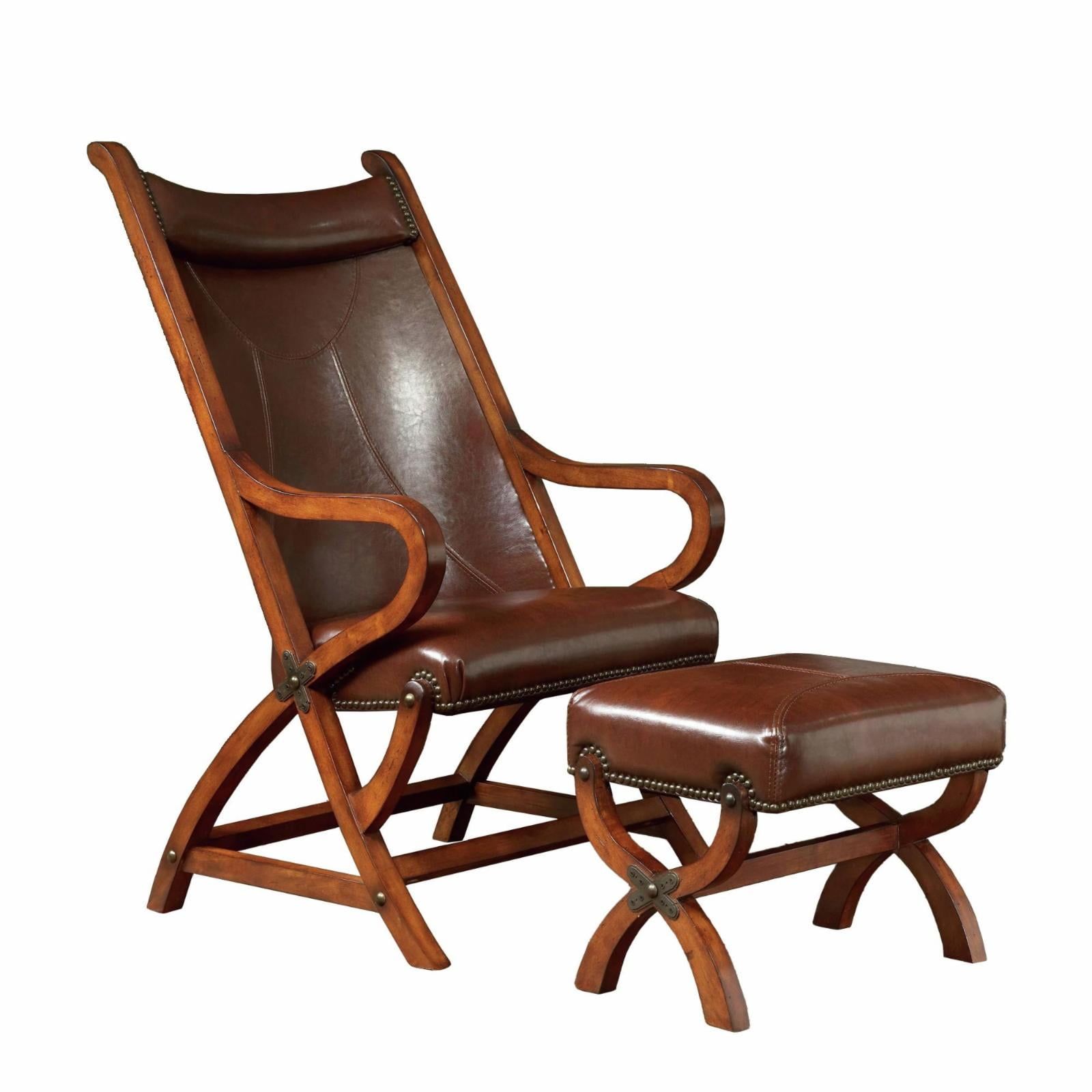 Tobacco Brown Leather and Wood Accent Chair with Ottoman