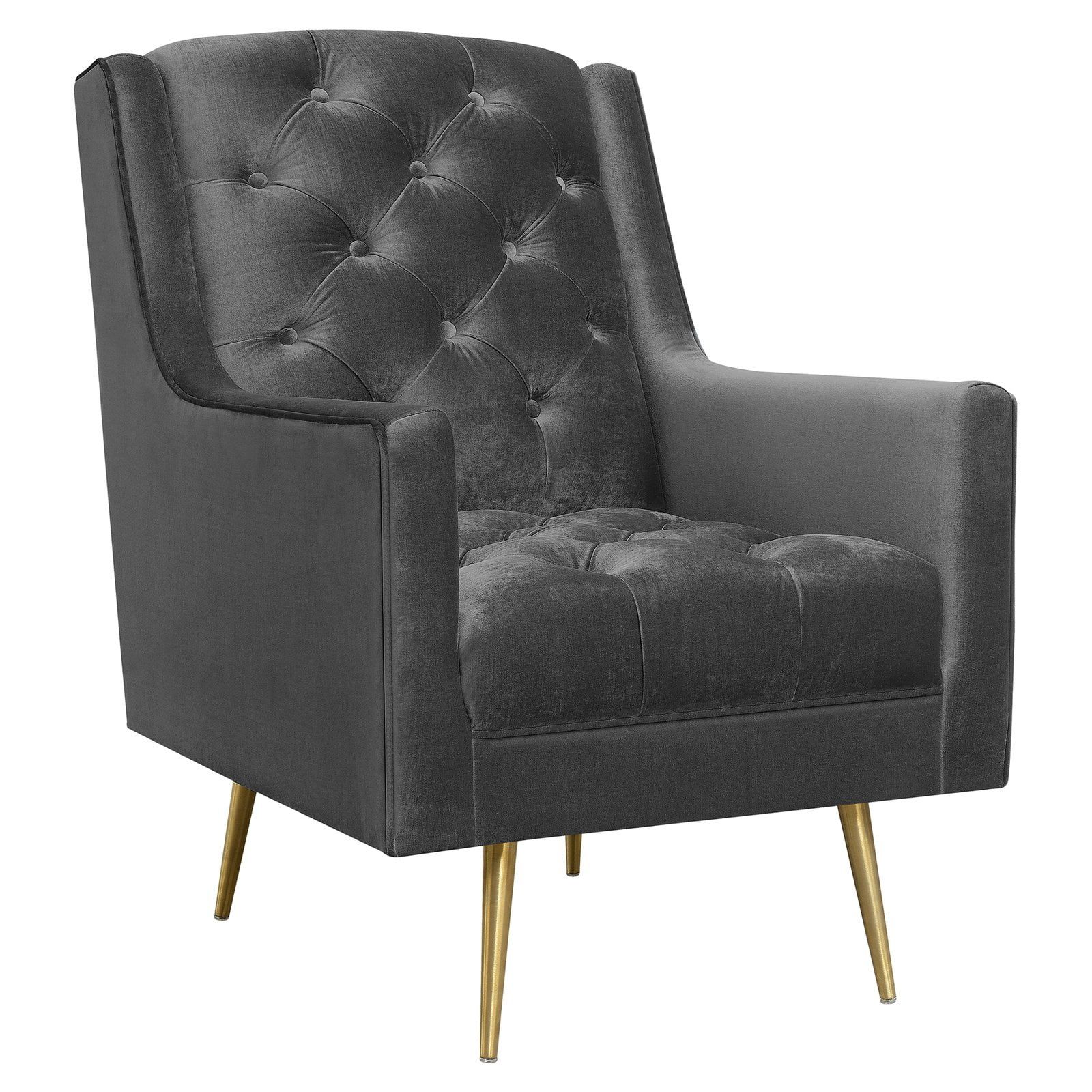 Gray Velvet Tufted Accent Chair with Gold Legs