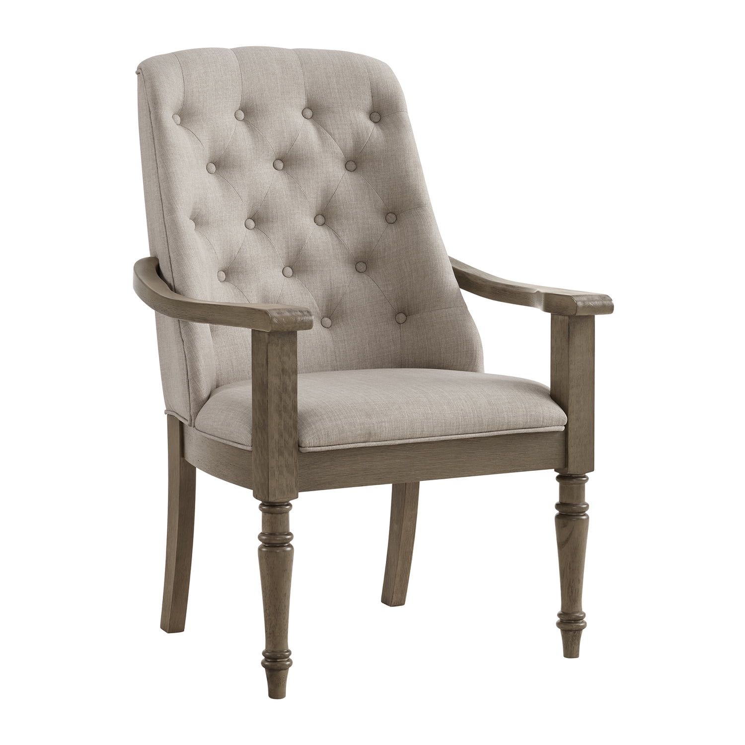 Gray Upholstered Wood Dining Arm Chair with Button Tufting