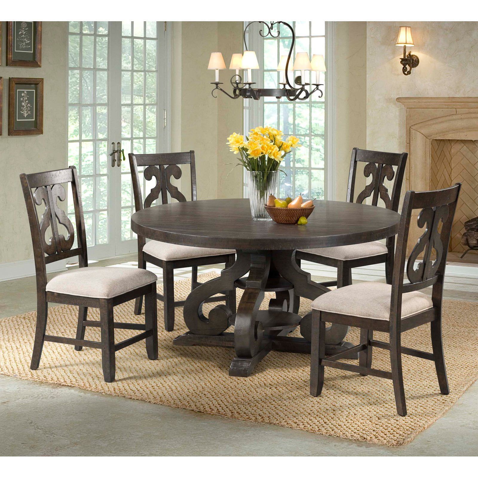 Stanford Smokey Walnut Round 5-Piece Dining Set with Light Brown Upholstered Chairs