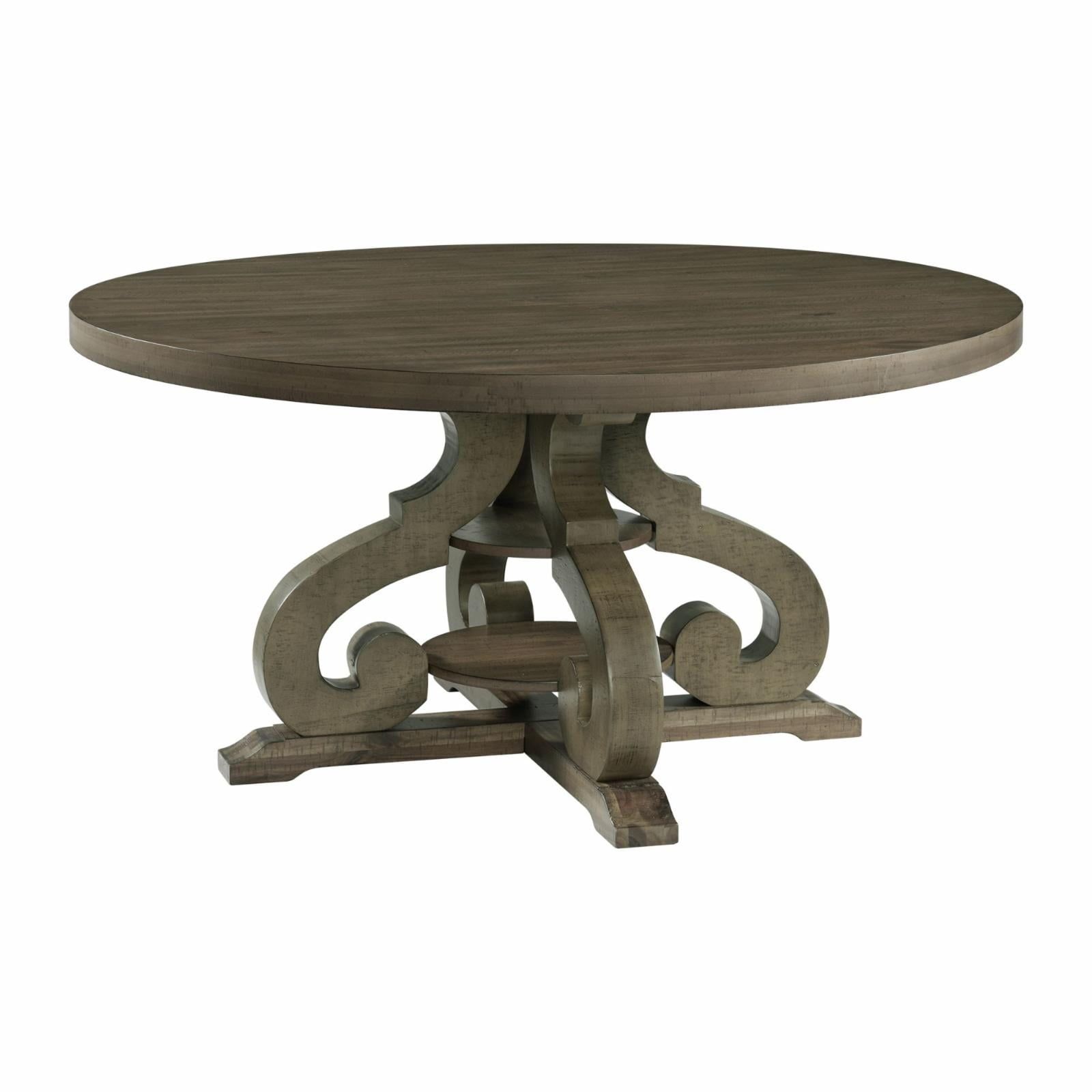 Stanford Gray Round Wood Dining Table with Intricate Trestle Base