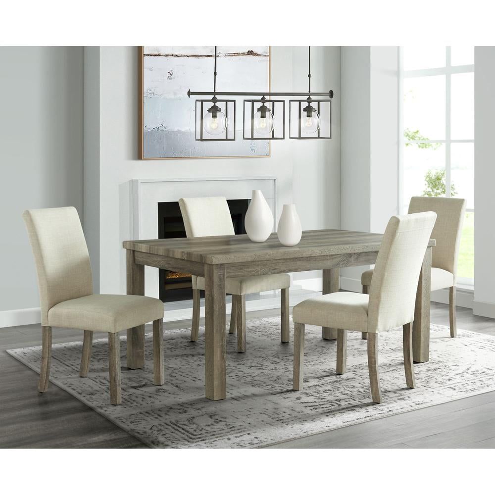 Light Oak 5-Piece Dining Set with Beige Linen Chairs