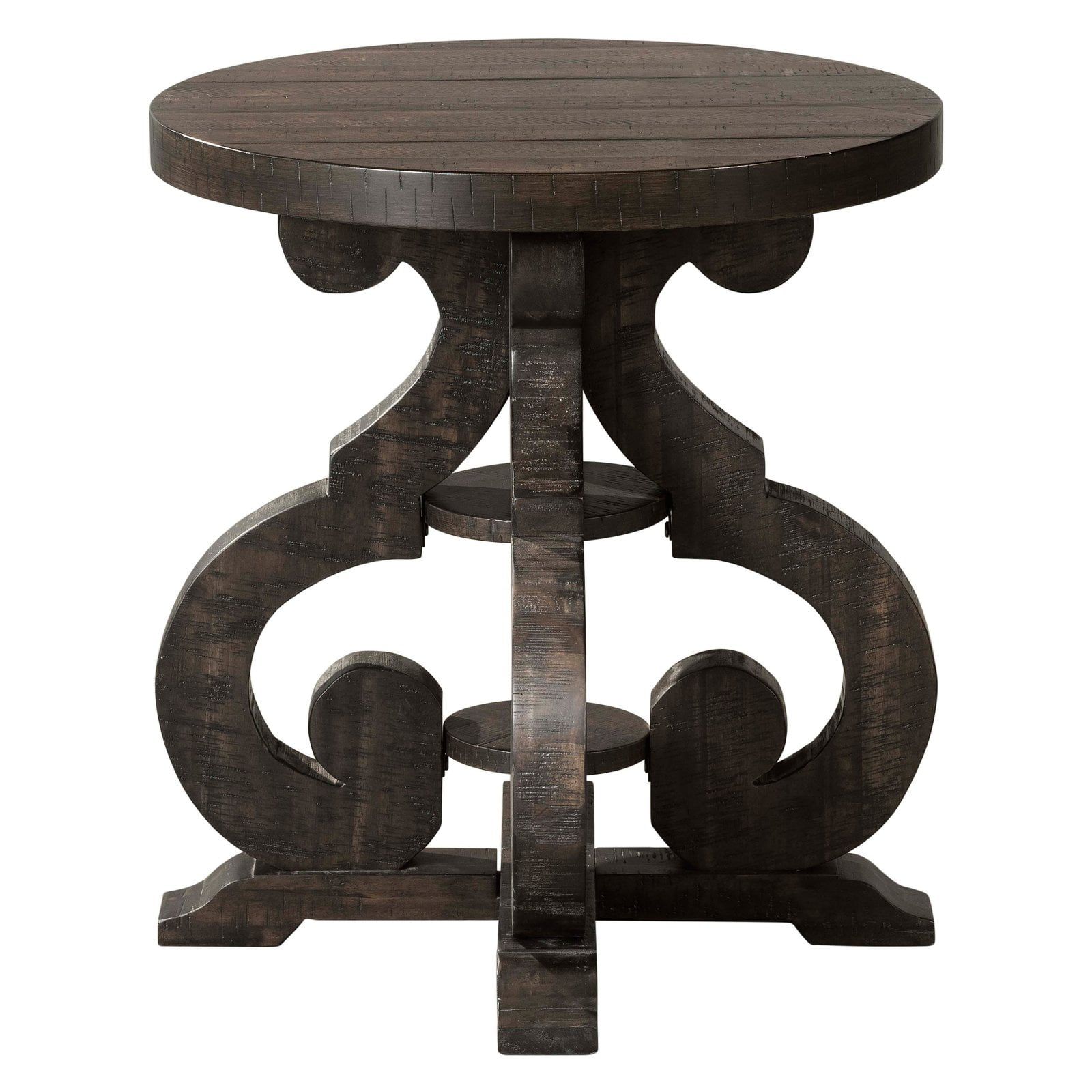 Traditional 22" Round Brown Wood & Stone End Table with Storage