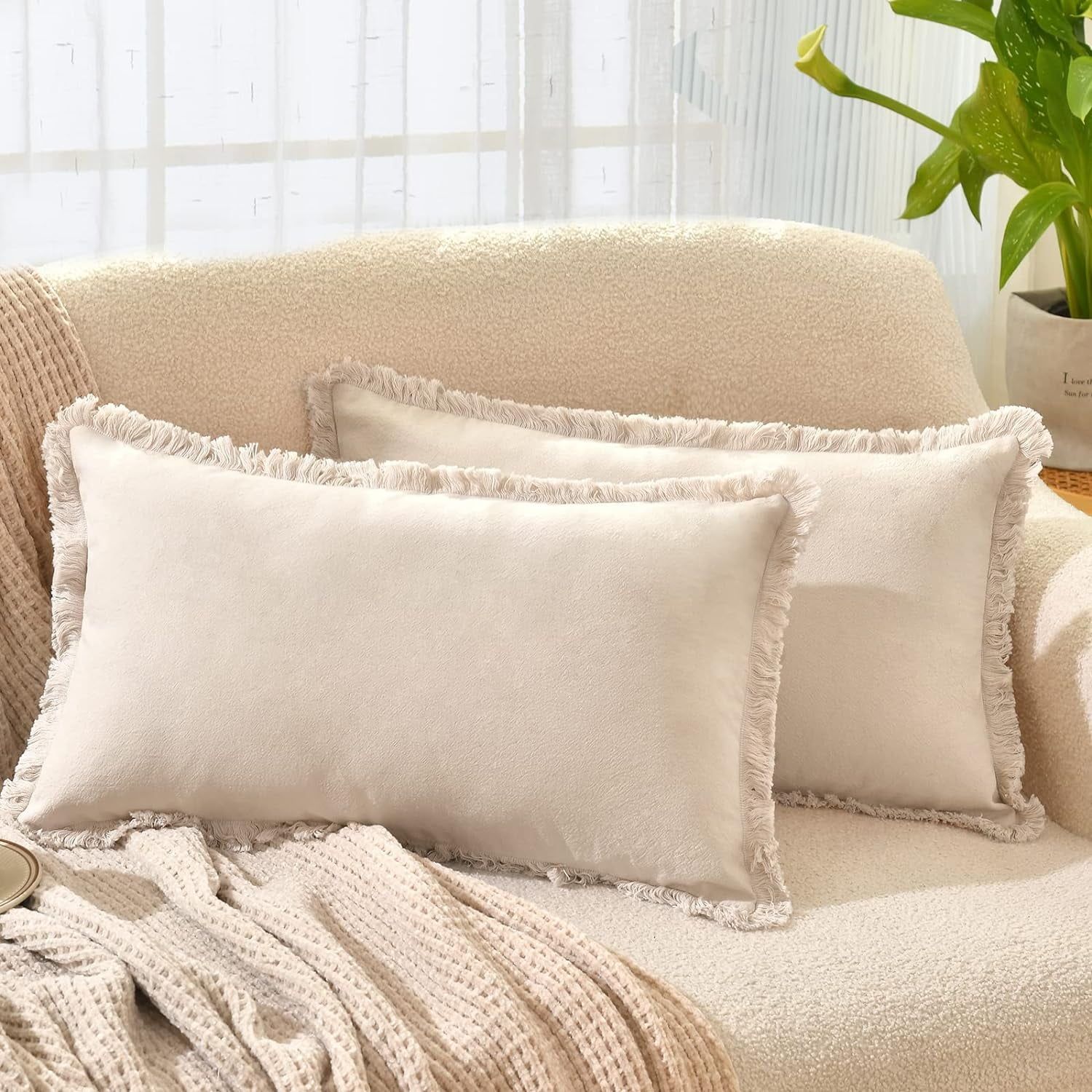 Beige Cotton 12x20 Inch Pillow Covers with Fringe Set of 2