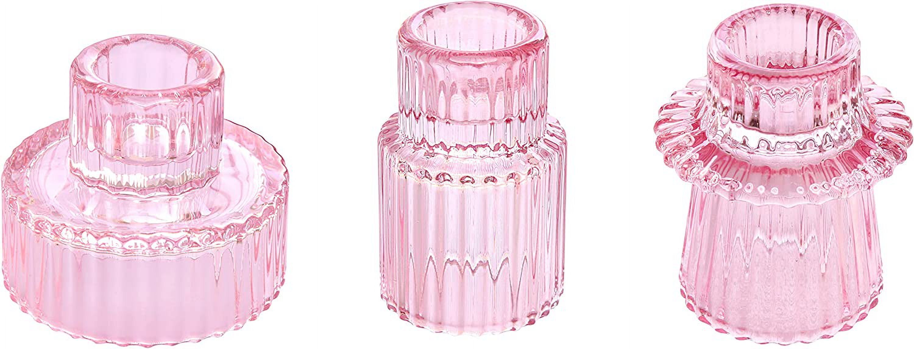 Pink Glass Tabletop Candlestick Holders Set of 3