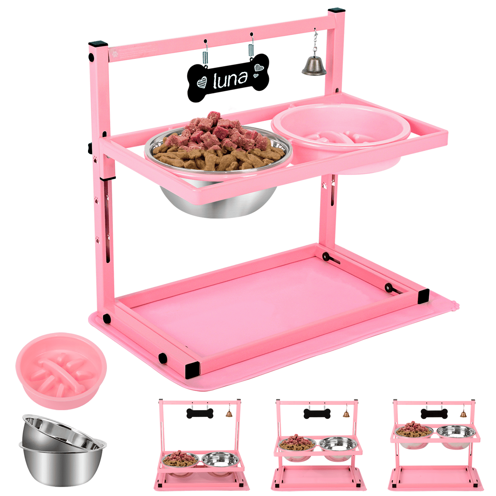 Pink Adjustable Elevated Dog Bowl Stand with Stainless Steel Bowls