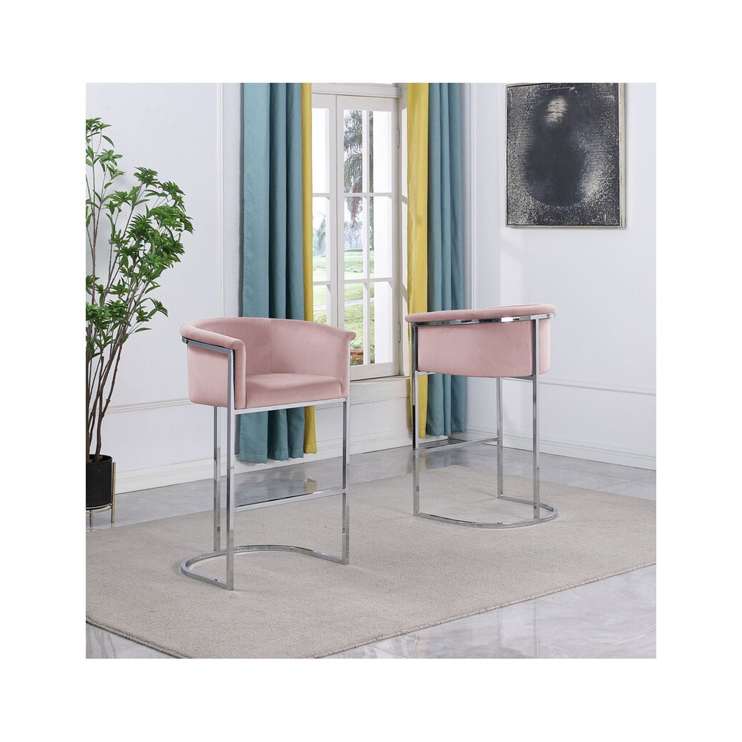 Pink Velvet Counter Height Chair with Silver Metal Base