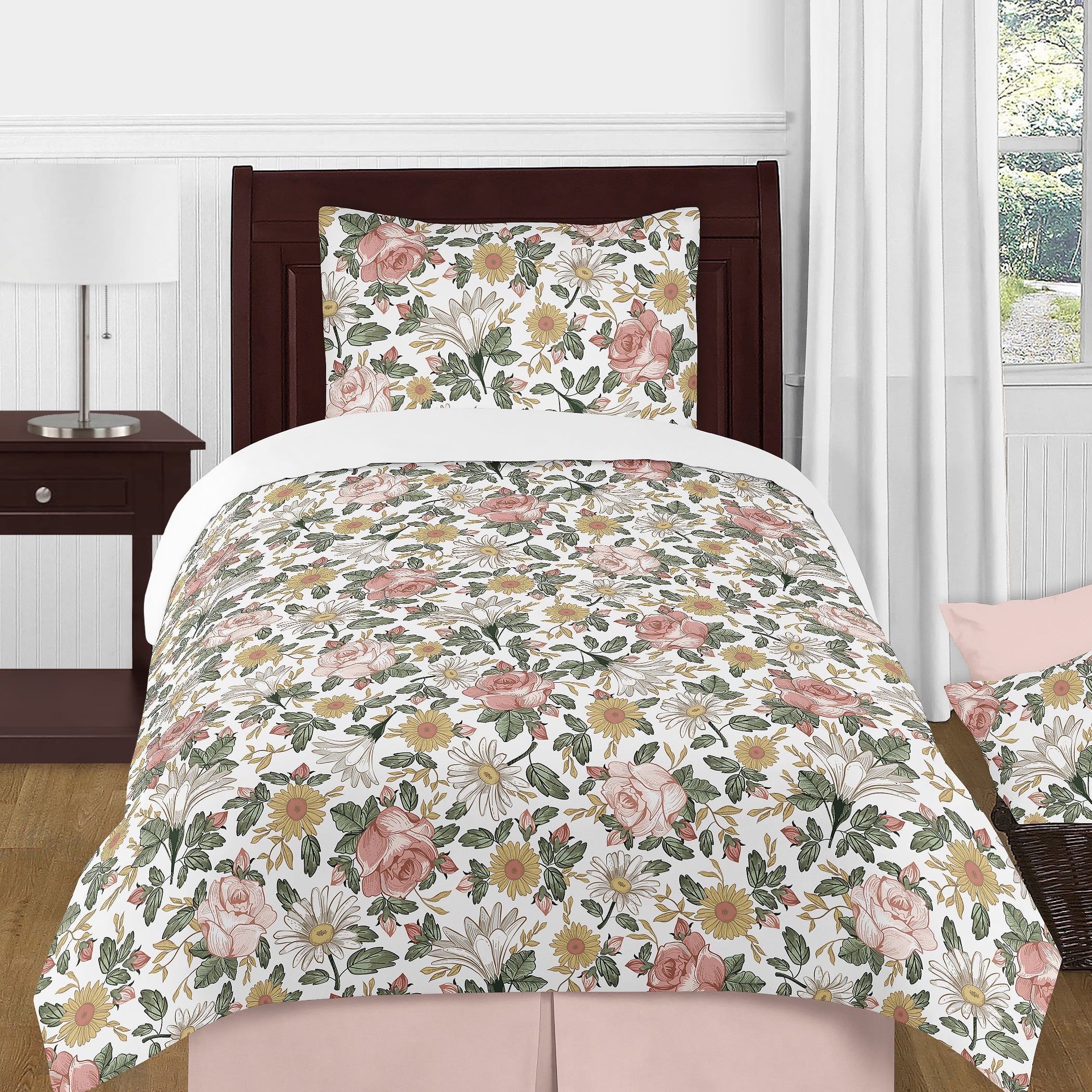 Pink and Green Floral Twin Microfiber Bedding Set