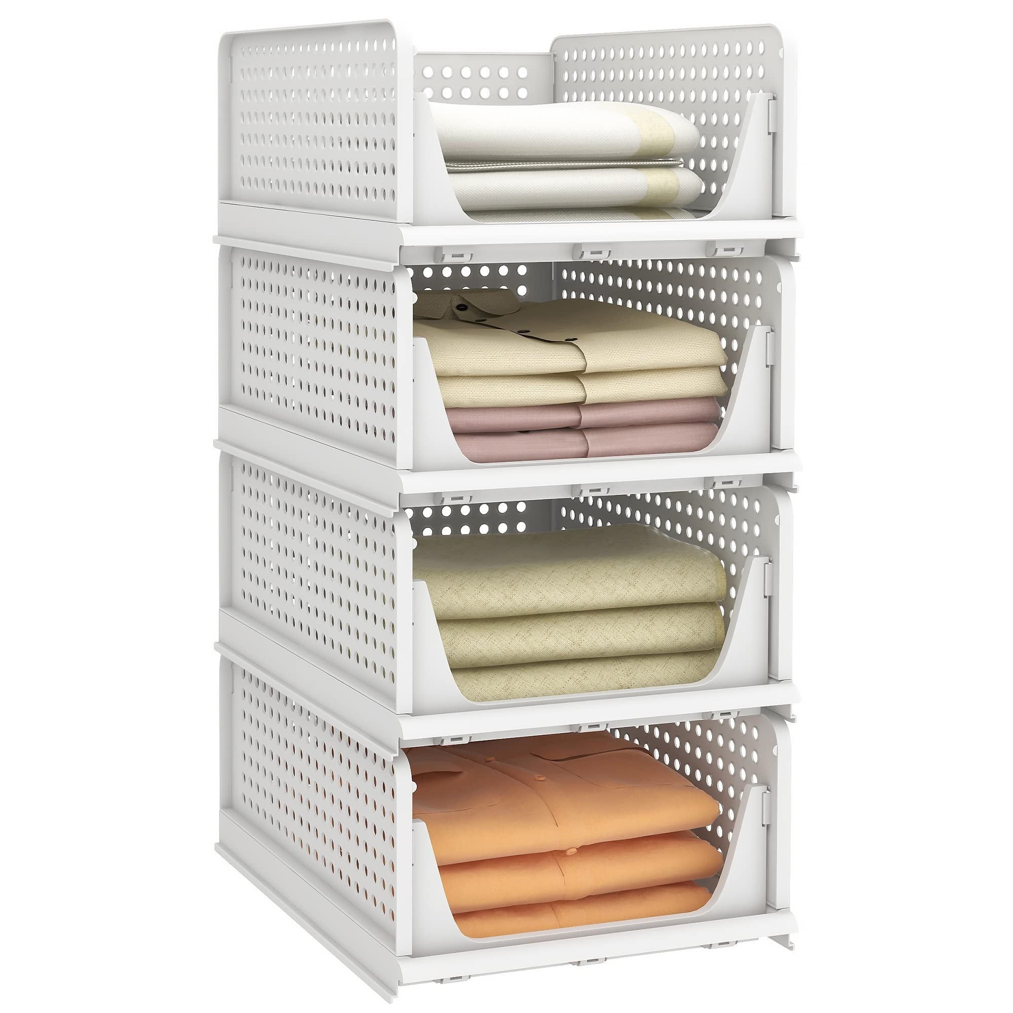 White Stackable Plastic Storage Baskets, Foldable Closet Organizers, 4 Pack