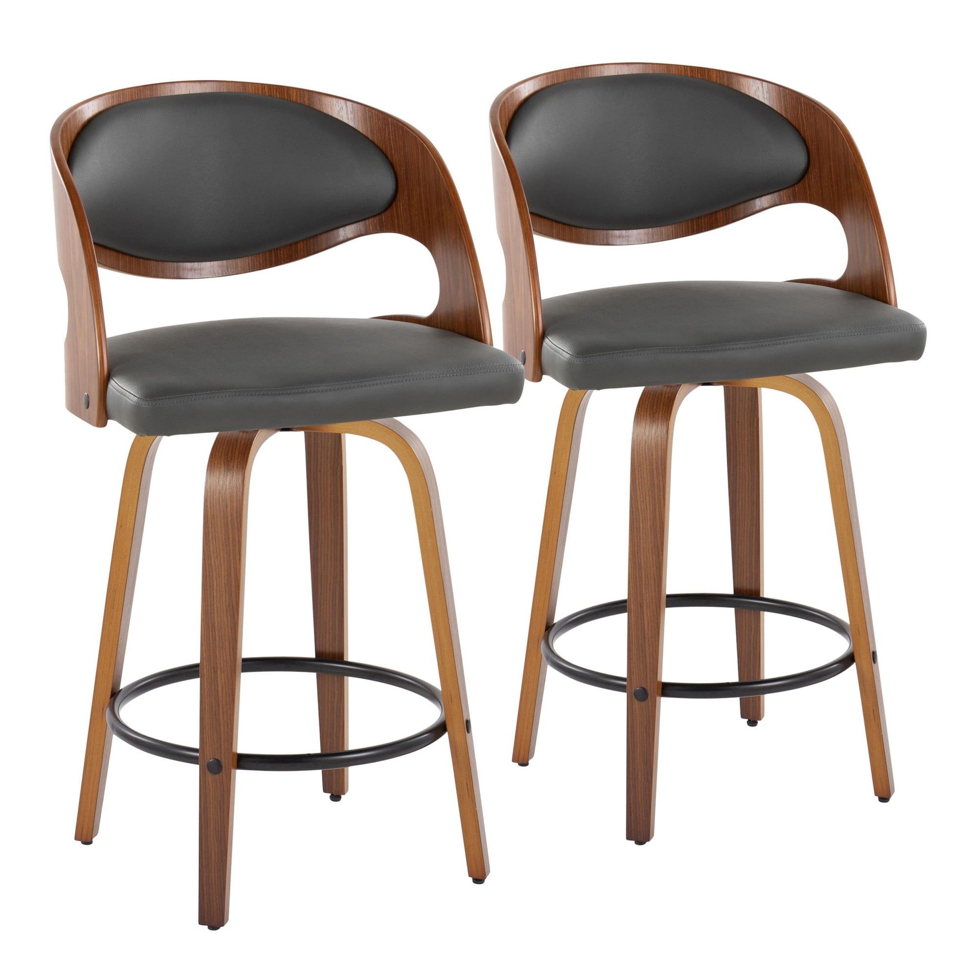 Walnut and Gray Faux Leather Swivel Counter Stools, Set of 2