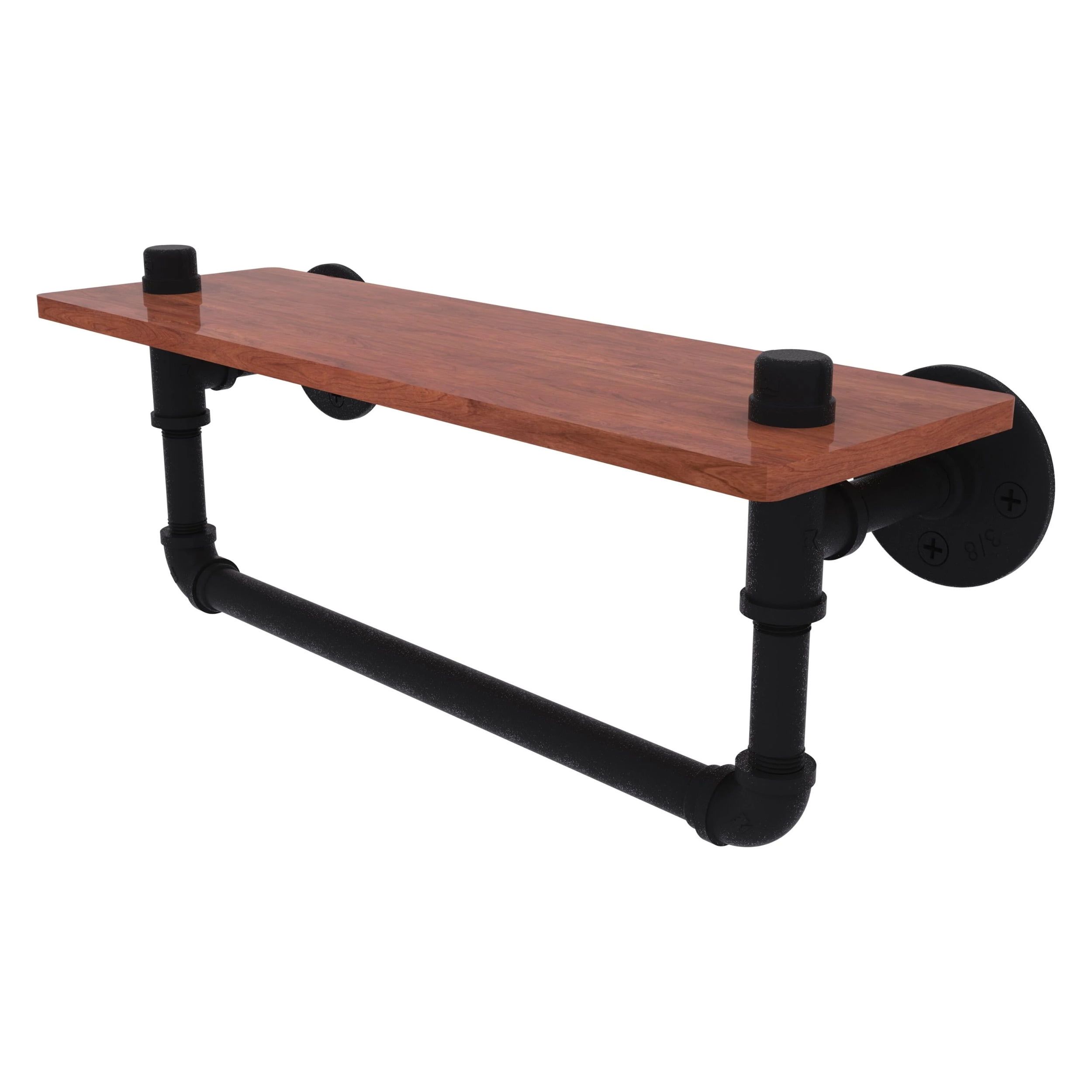 16" Matte Black Ironwood Wall Shelf with Towel Bar