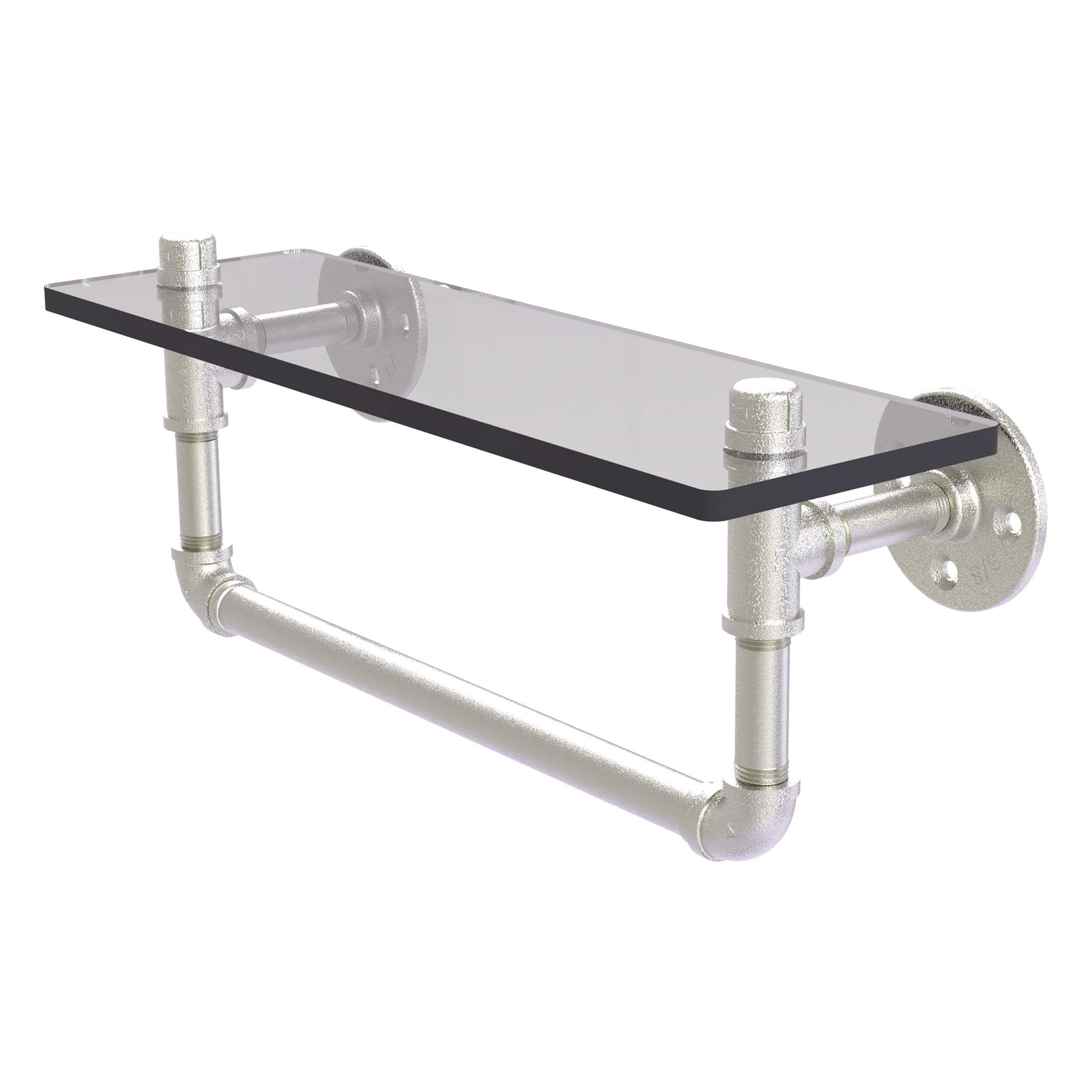 Satin Nickel 16" Industrial Glass Shelf with Towel Bar