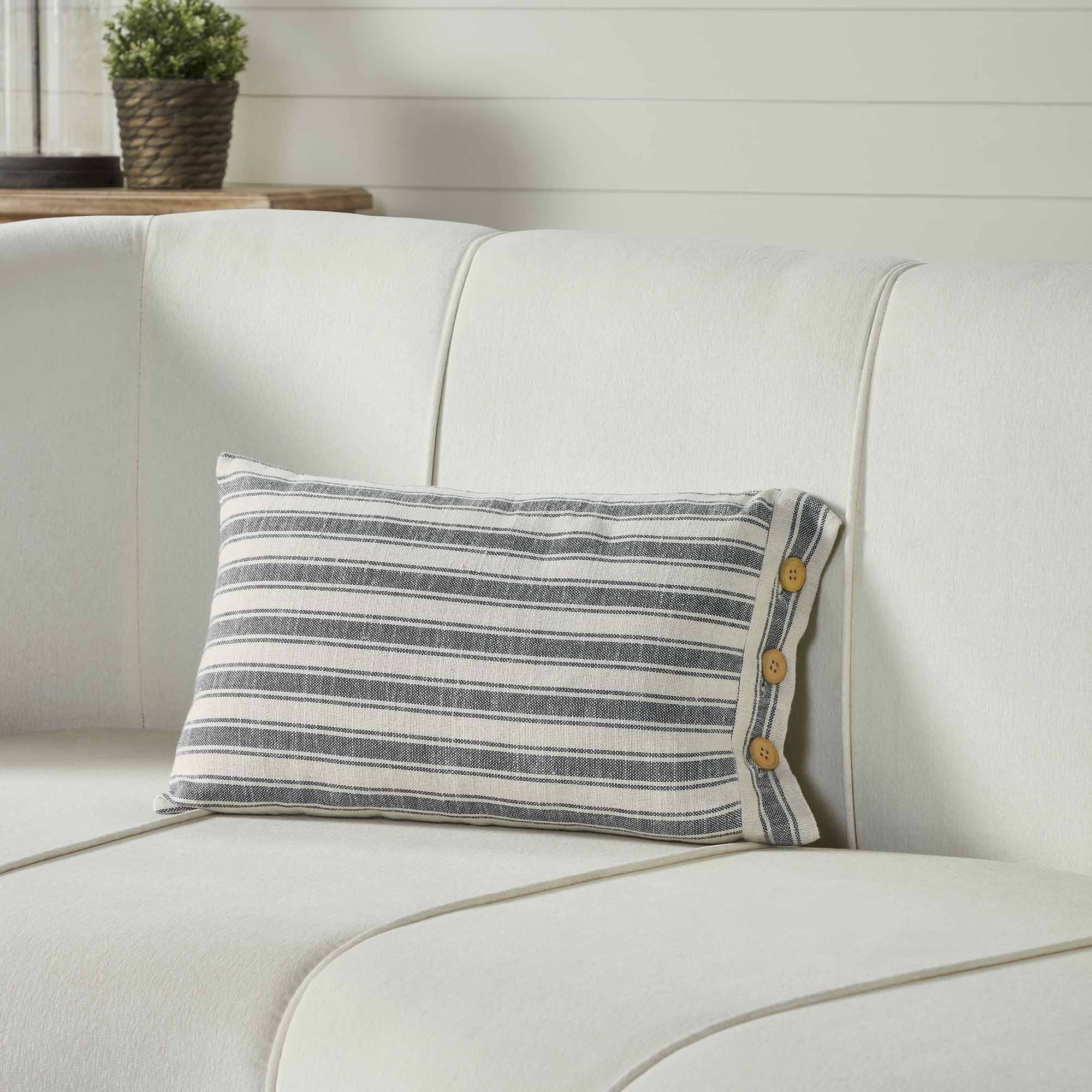 Gray and Cream Cotton Ticking Stripe Lumbar Pillow Cover with Buttons