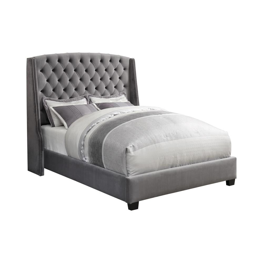 Majestic Grey Velvet King Bed with Tufted Nailhead Upholstery