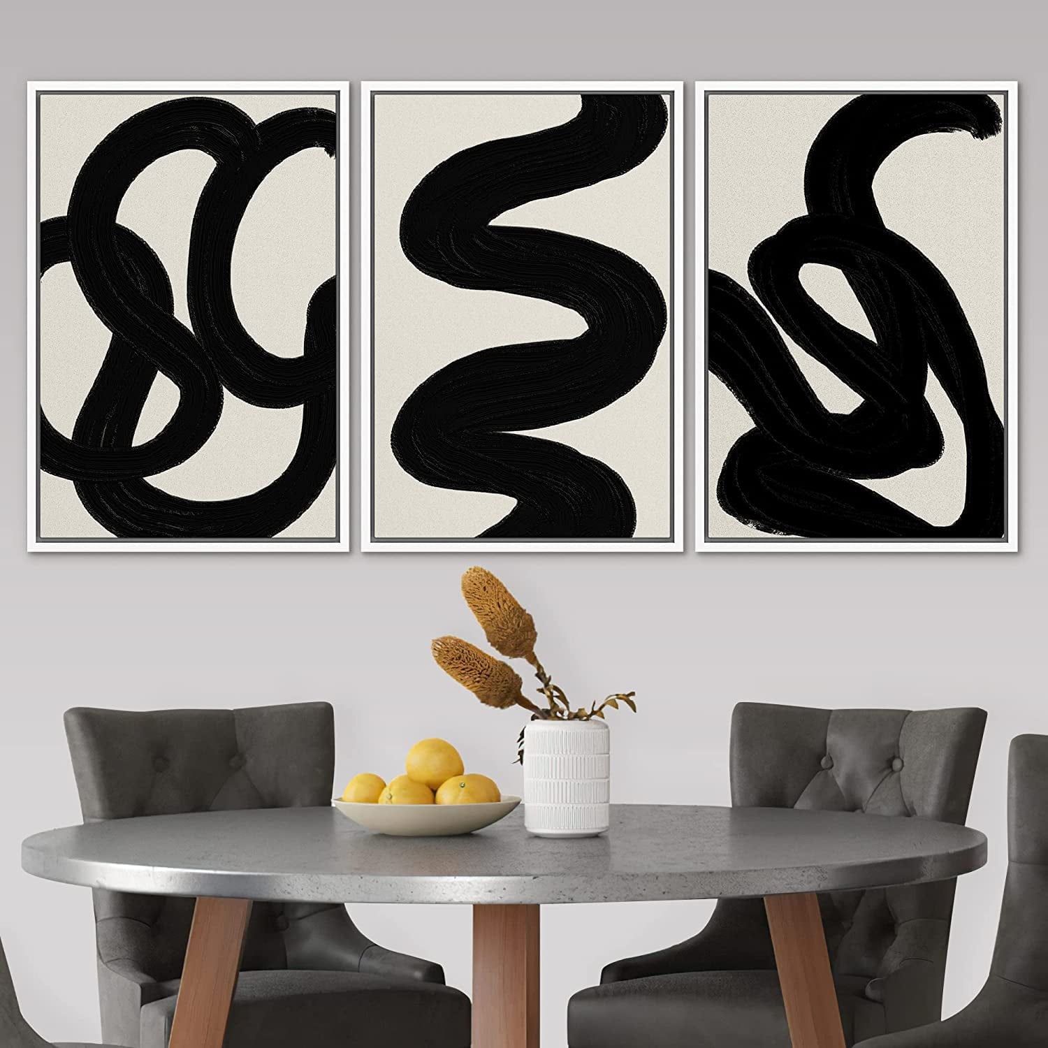 White Framed Abstract Black Brush Stroke Canvas Art Set