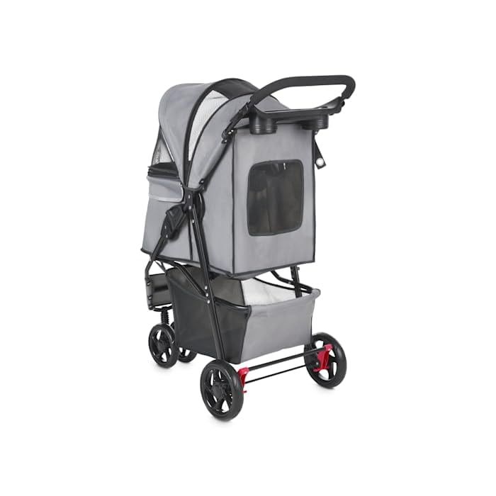 Gray Collapsible Pet Stroller with Mesh Panels and Storage