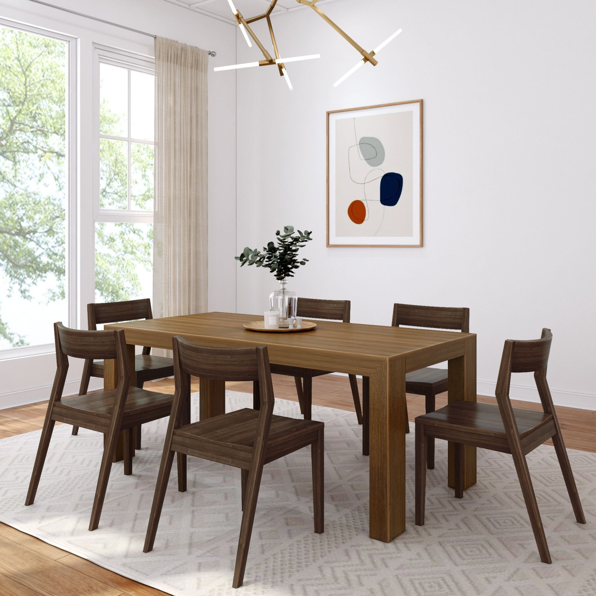 Pecan Wirebrush 72" Solid Wood Dining Table Set with 6 Walnut Chairs